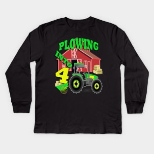 Birthday 4 Year Old Farming Themed Party, Cute Farm Fourth Birthday Gift Kids Long Sleeve T-Shirt